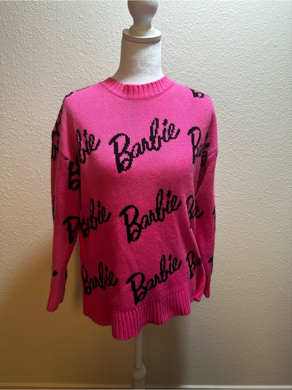 Mattel Barbie Script Pink and Black Crewneck Sweater